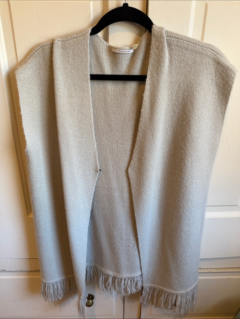 T Tahari Light Grey Fringe Open-Front Knit Vest